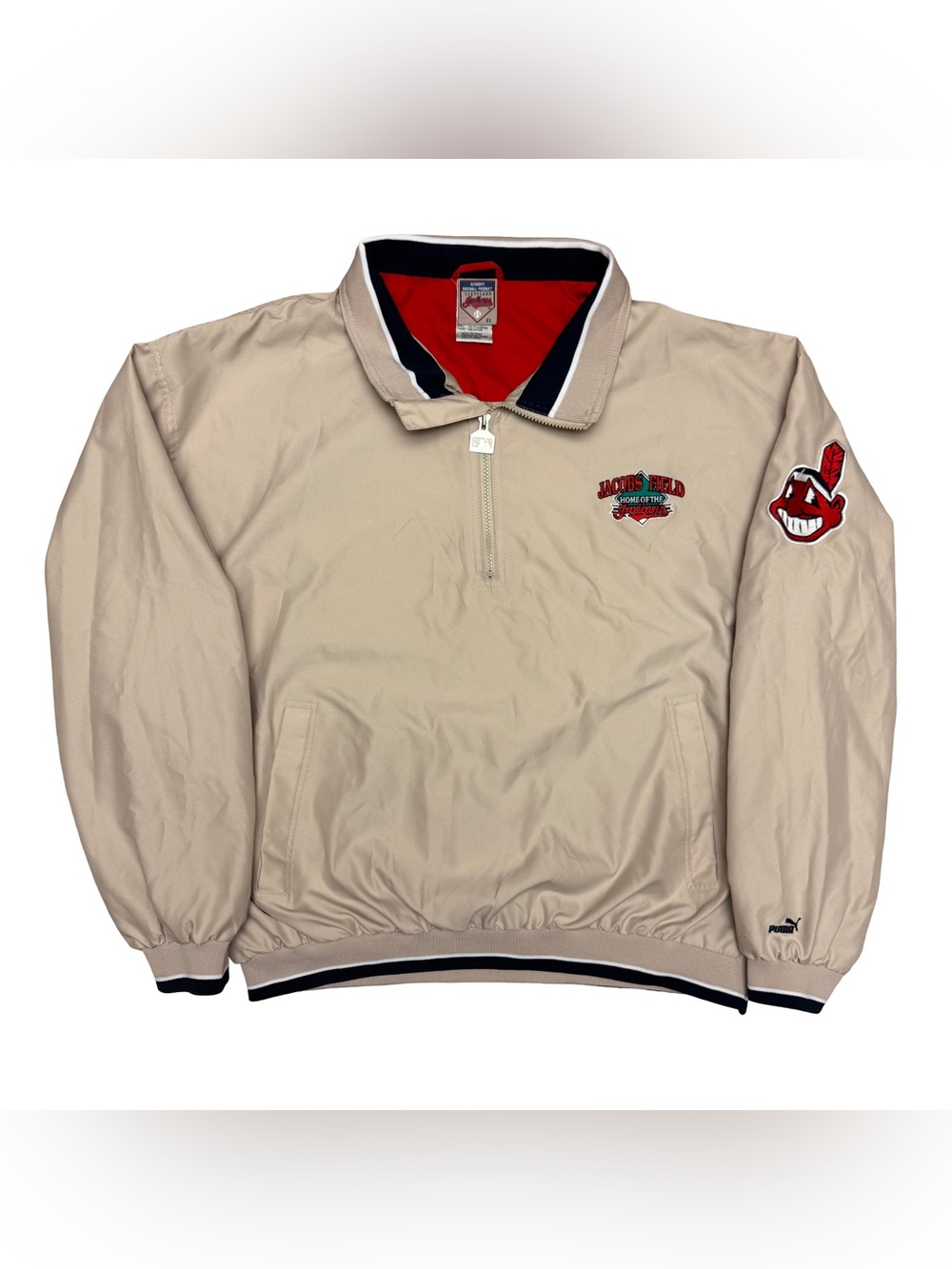 Vintage 90s Puma Cleveland Indians Jacob's Field Windbreaker Zip Pullover Tan XL